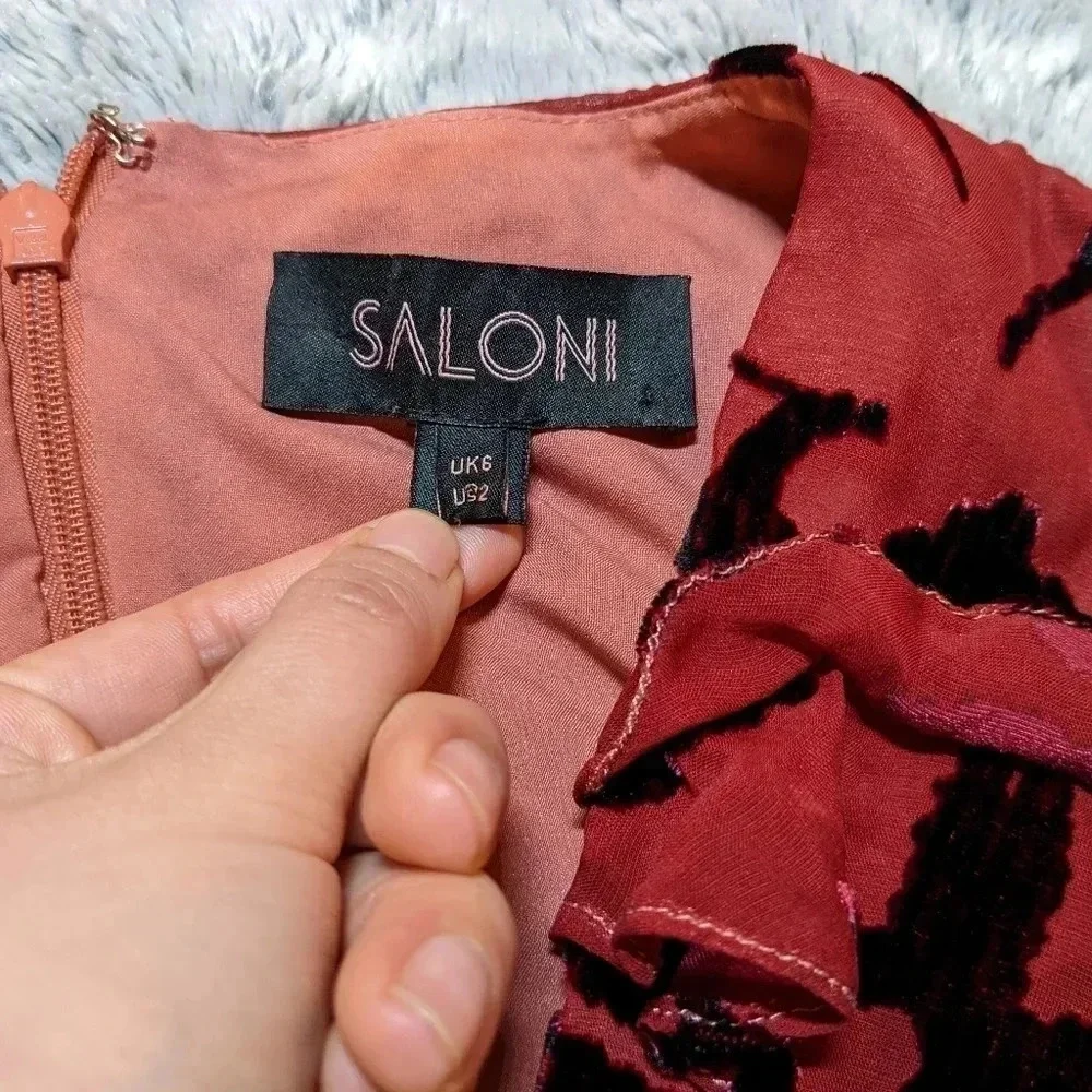 Saloni Red Chiffon V Maxi Dress Black Velvet Flowers Size 2 Edith Devor